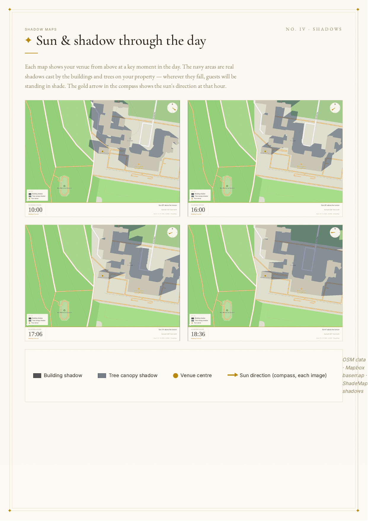 Four satellite shadow maps showing shade across the venue at 10:00, 16:00, 17:06 and 18:36