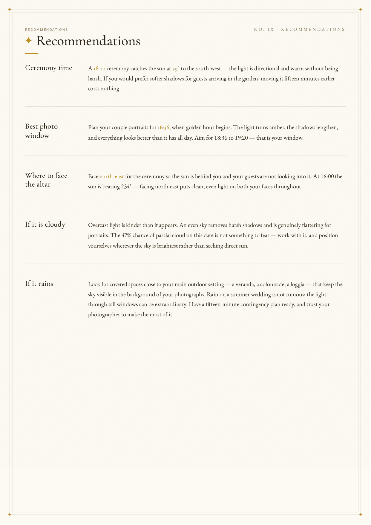 Recommendations page with ceremony timing and photo window guidance